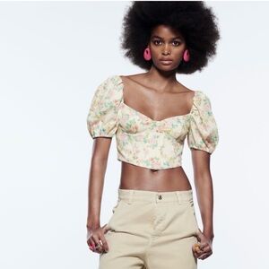 Zara small floral crop top shirt puff sleeve blouse smocked